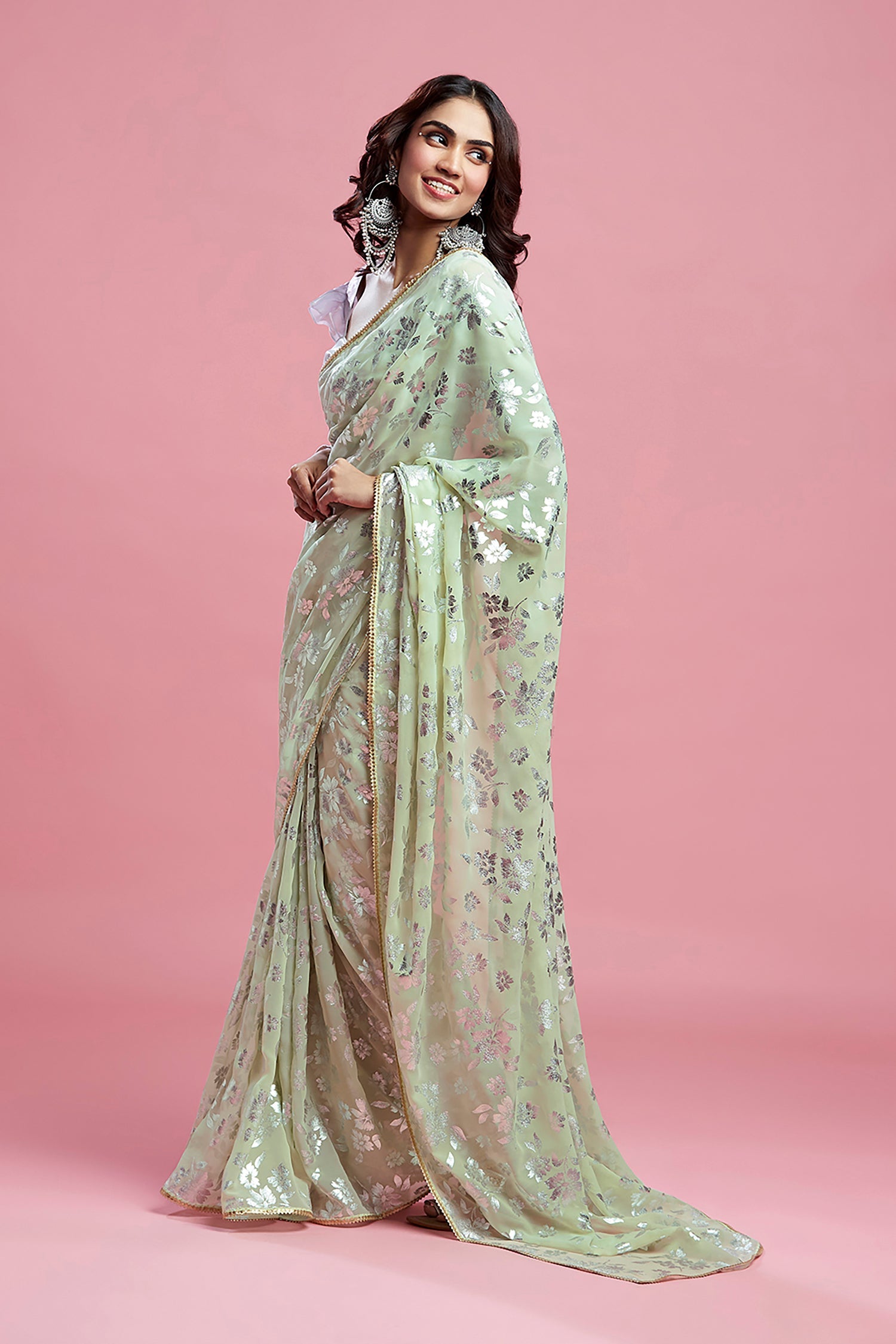 Pista Georgette &amp; Recycled Polyester Barfi Saree Set