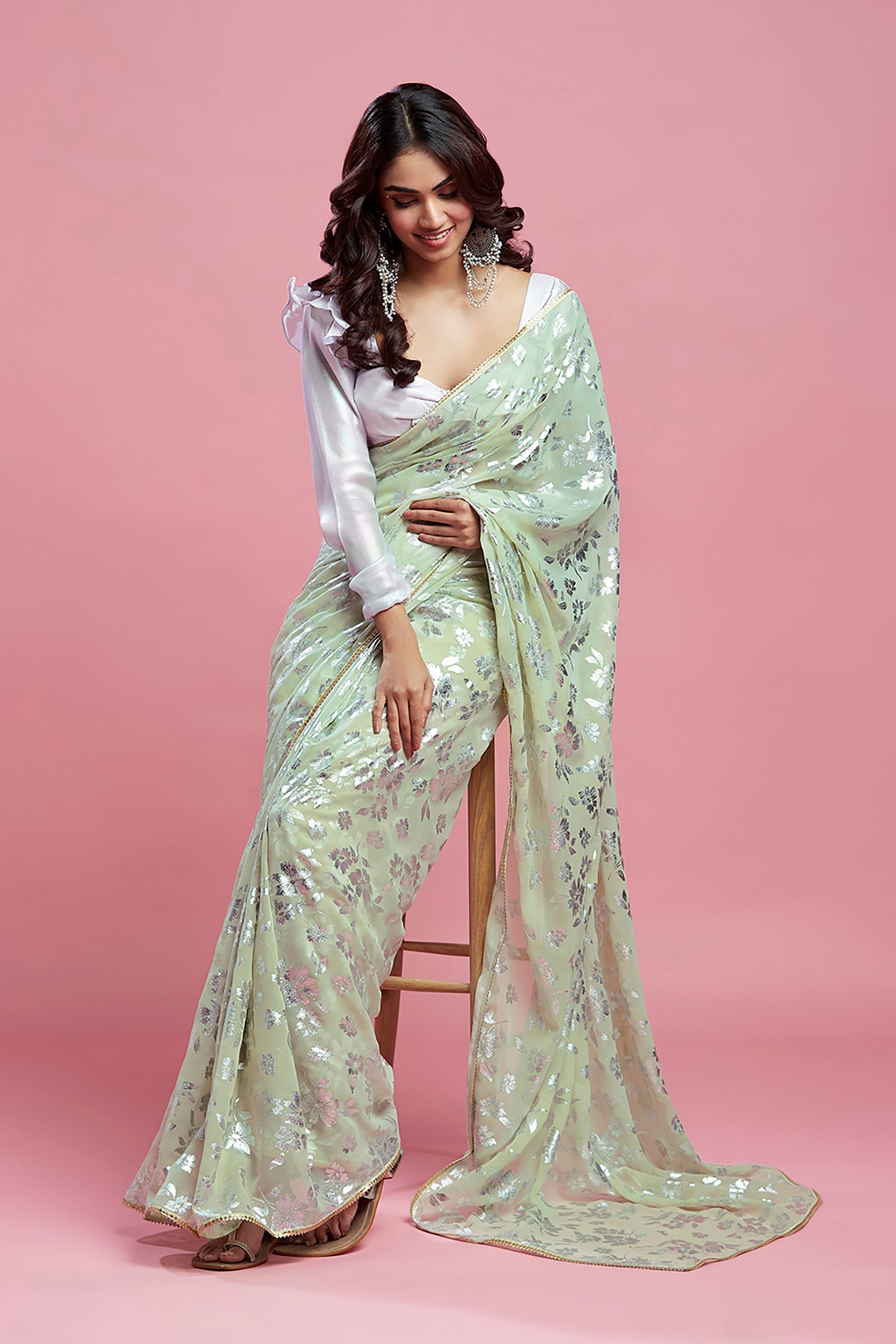 Pista Georgette &amp; Recycled Polyester Barfi Saree Set