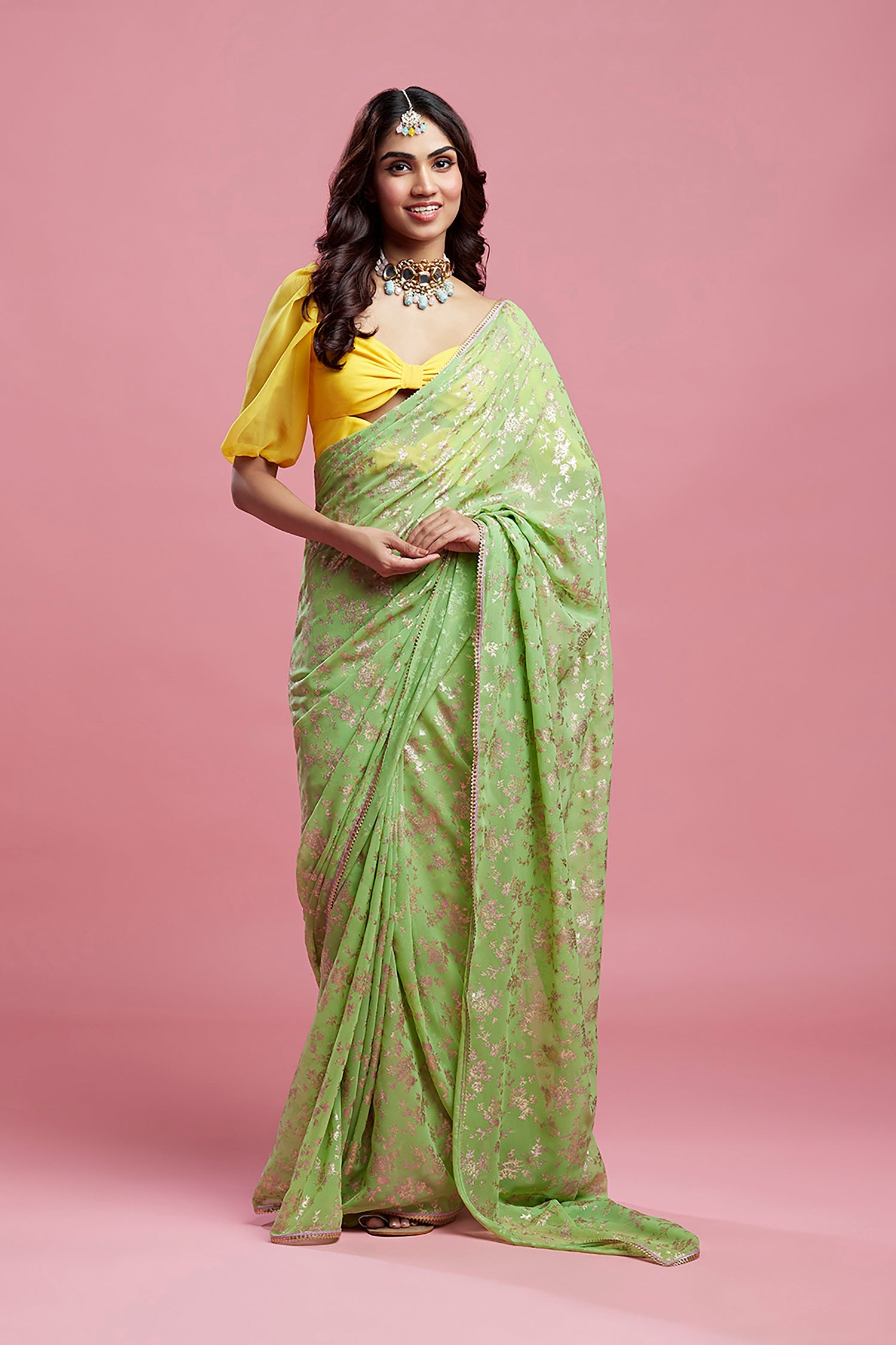 Lime Georgette &amp; Recycled Polyester Barfi Saree Set