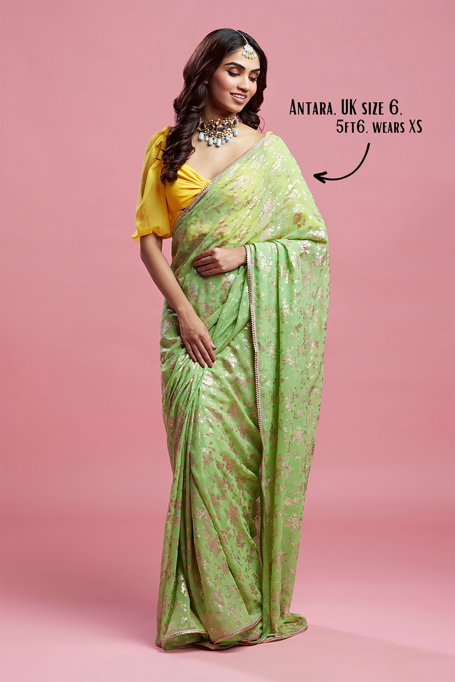 Lime Georgette &amp; Recycled Polyester Barfi Saree Set