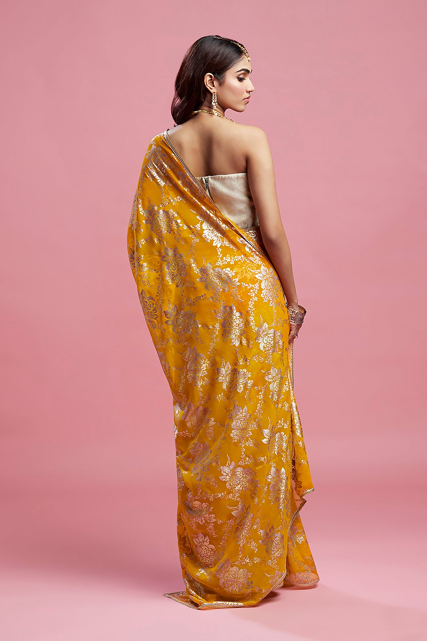 Mustard Georgette &amp; Recycled Polyester Pre-Draped Saree Set