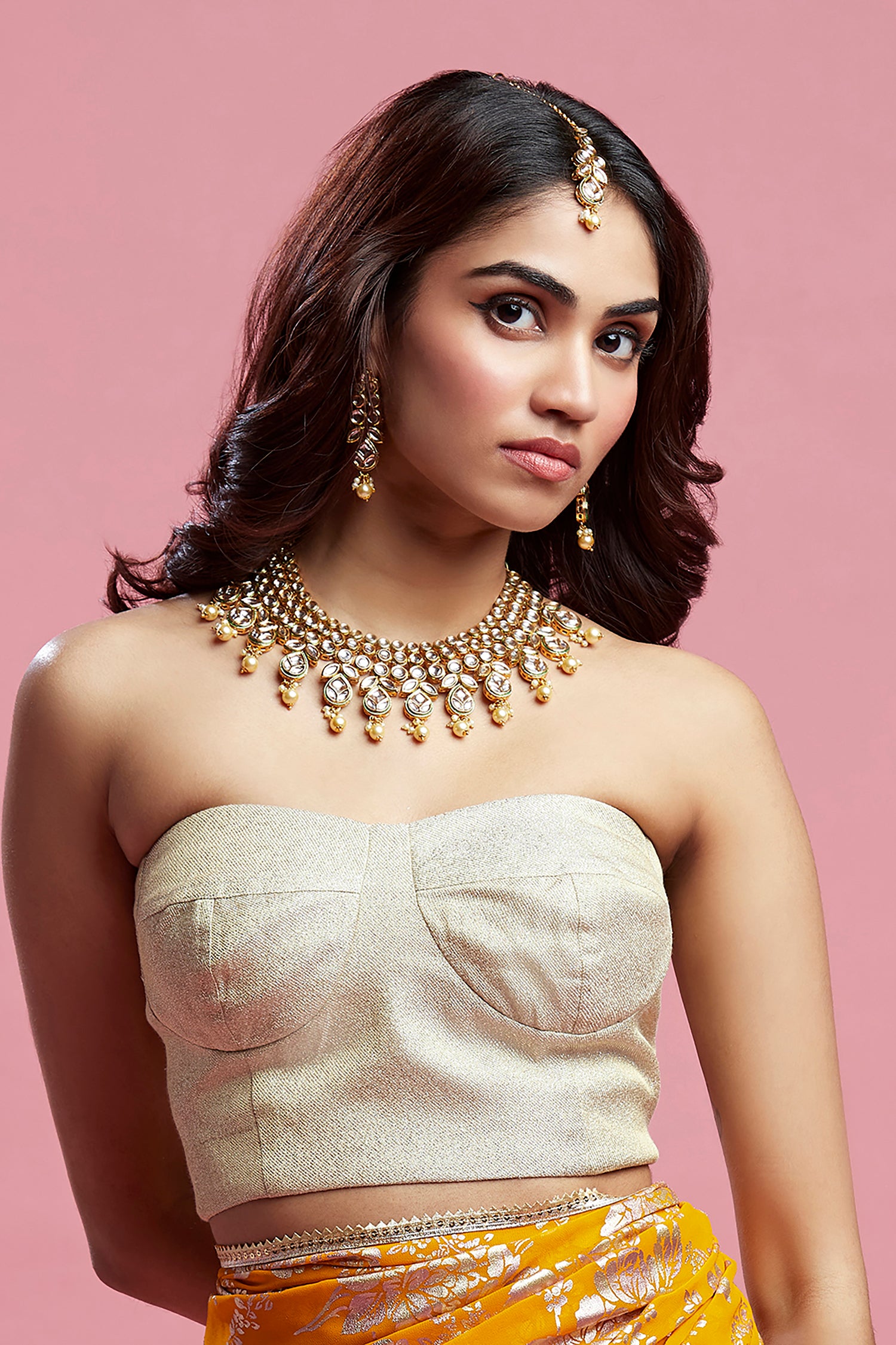 Mustard Georgette &amp; Recycled Polyester Pre-Draped Saree Set