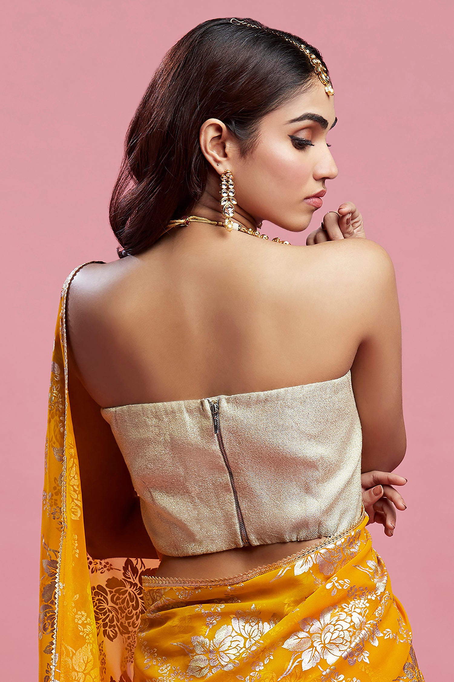 Mustard Georgette &amp; Recycled Polyester Pre-Draped Saree Set