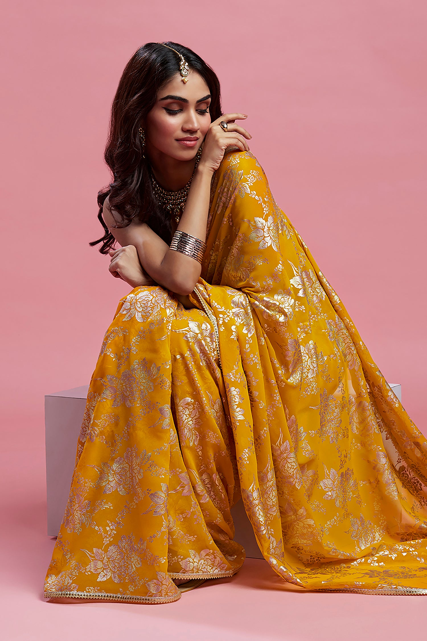 Mustard Georgette &amp; Recycled Polyester Pre-Draped Saree Set