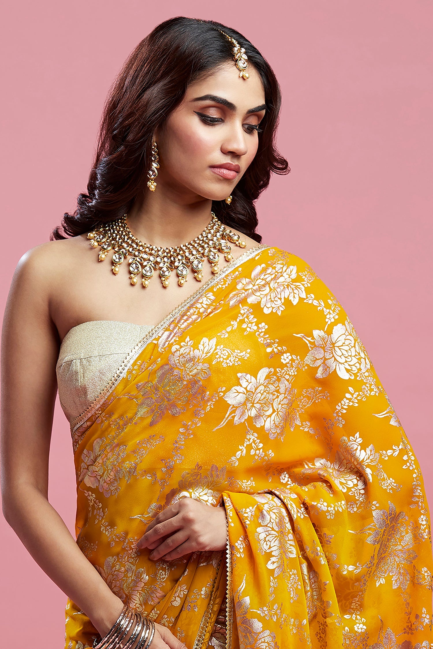 Mustard Georgette &amp; Recycled Polyester Barfi Saree Set