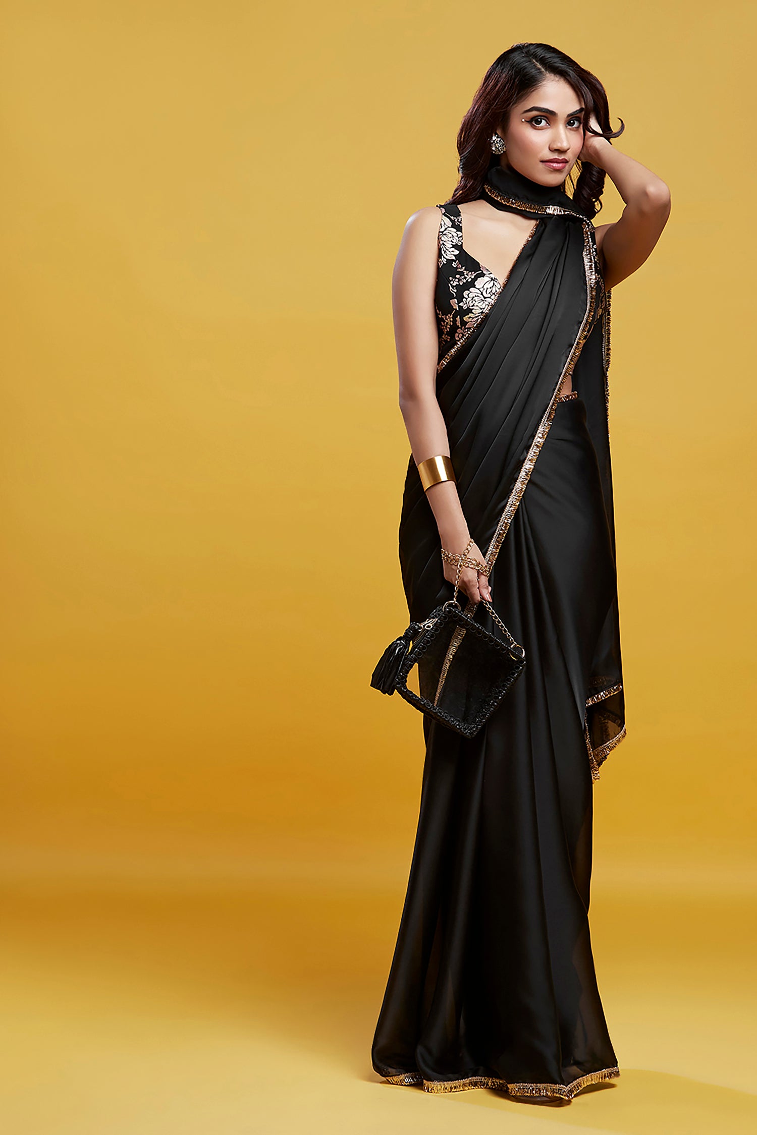 Black Satin Embroidered Pre-Draped Saree Set