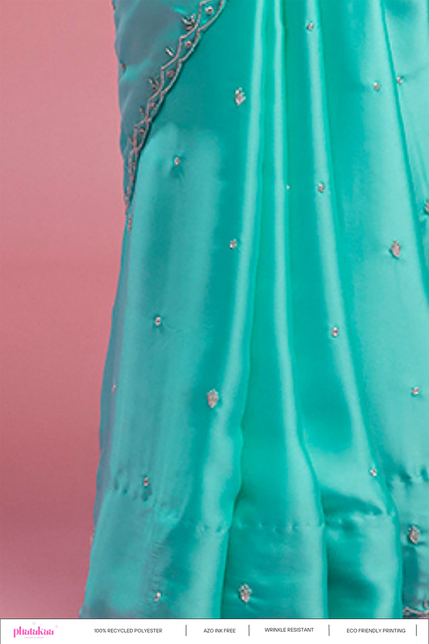 Turquoise Satin Crystal &amp; Boota Embroidered Saree Set