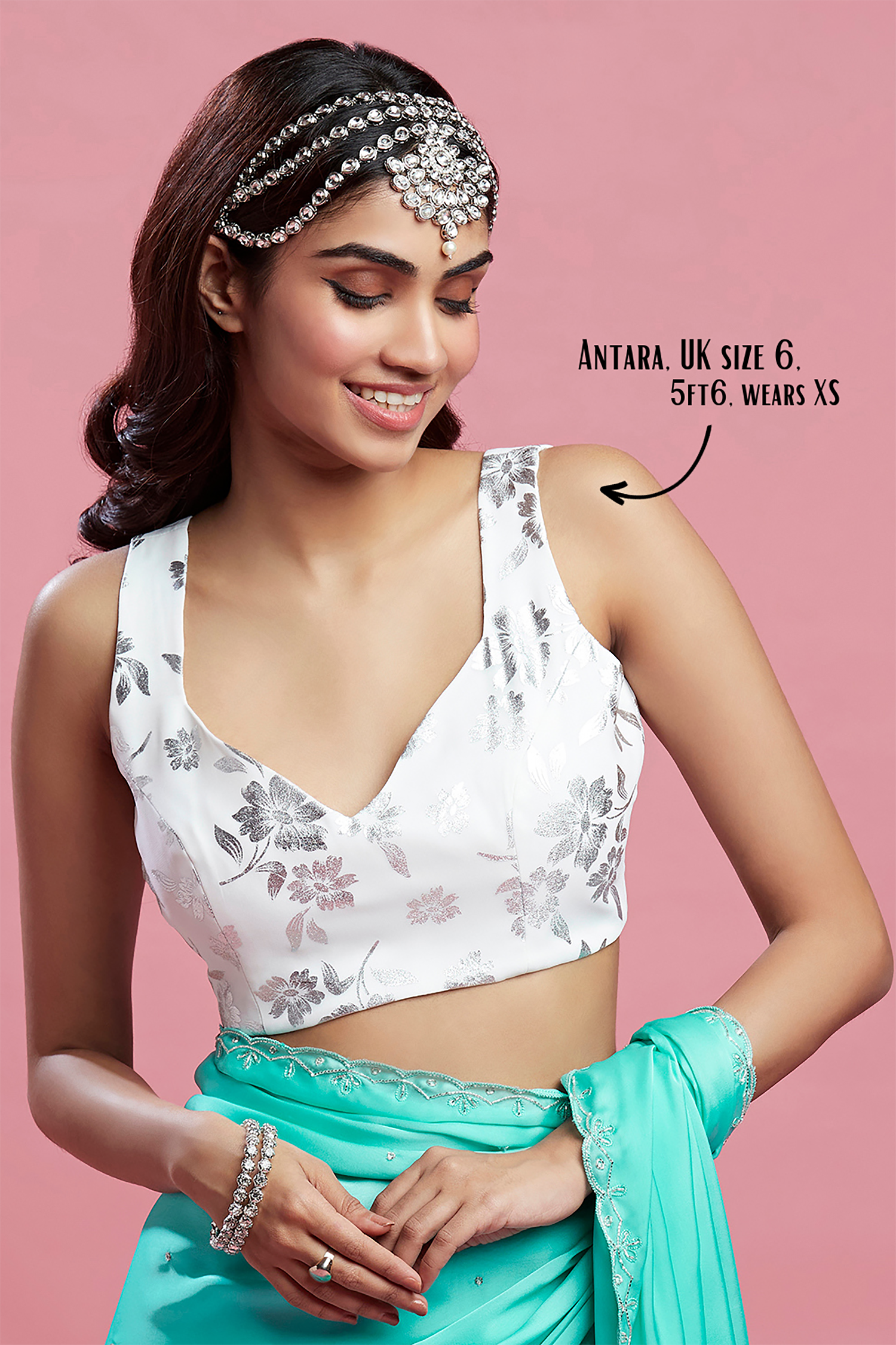 Turquoise Satin Crystal &amp; Boota Embroidered Saree Set
