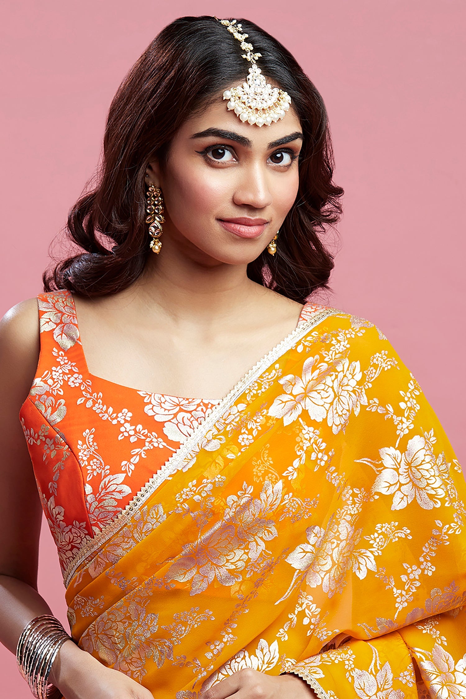 Mustard Georgette &amp; Recycled Polyester Barfi Saree Set