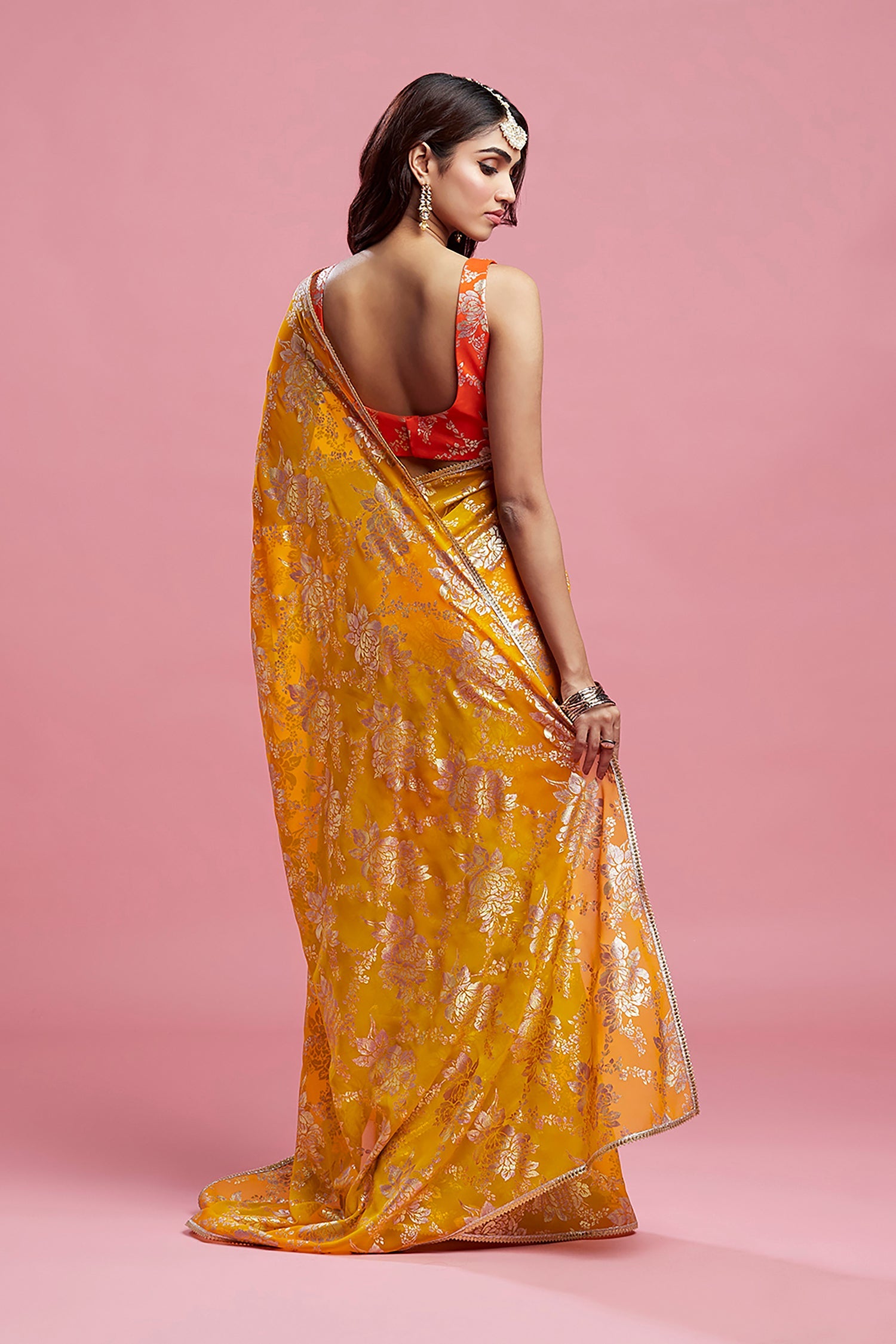 Mustard Georgette &amp; Recycled Polyester Barfi Saree Set