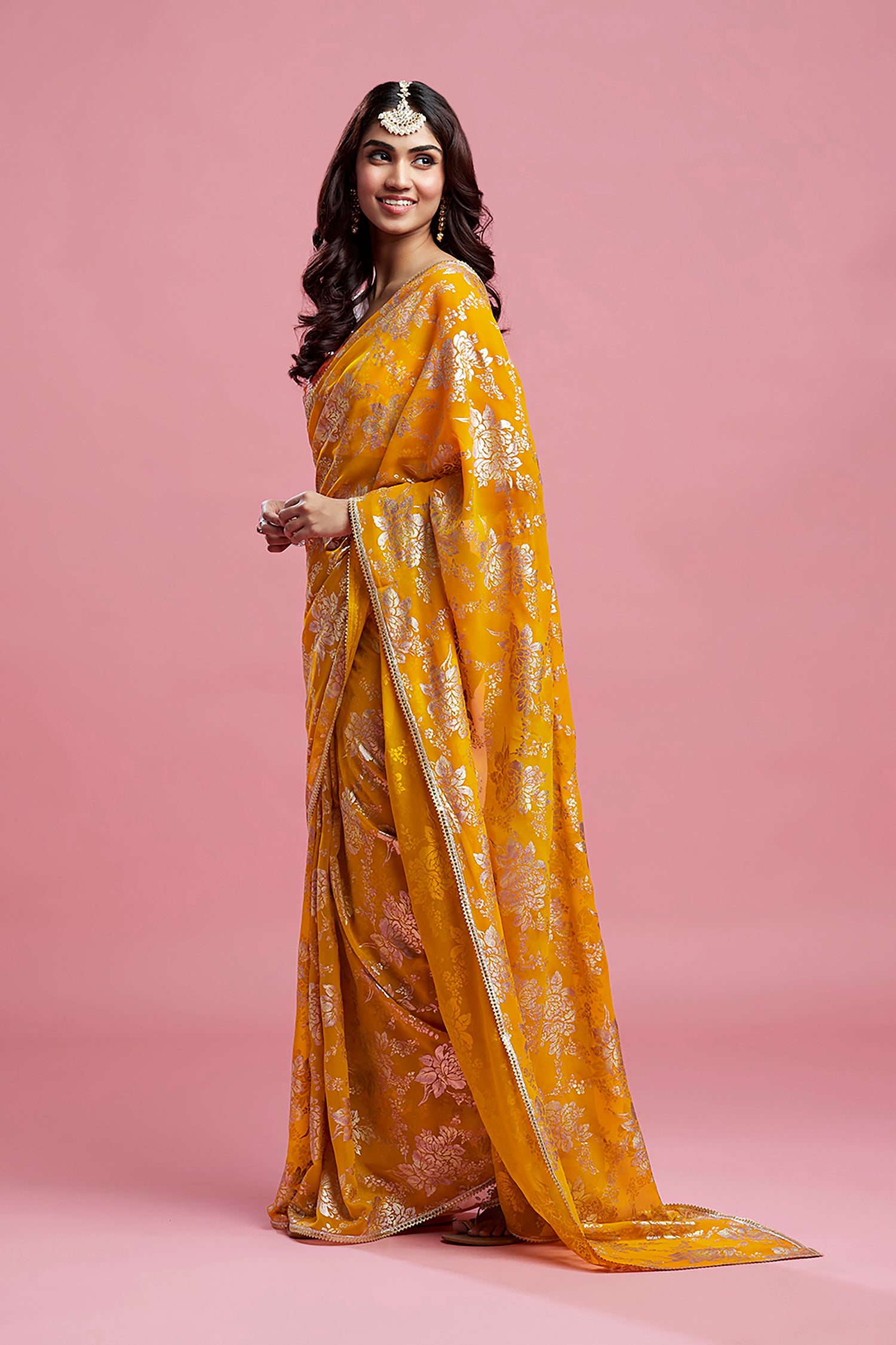 Mustard Satin Georgette &amp; Recycled Polyester Pre-Draped Saree Set