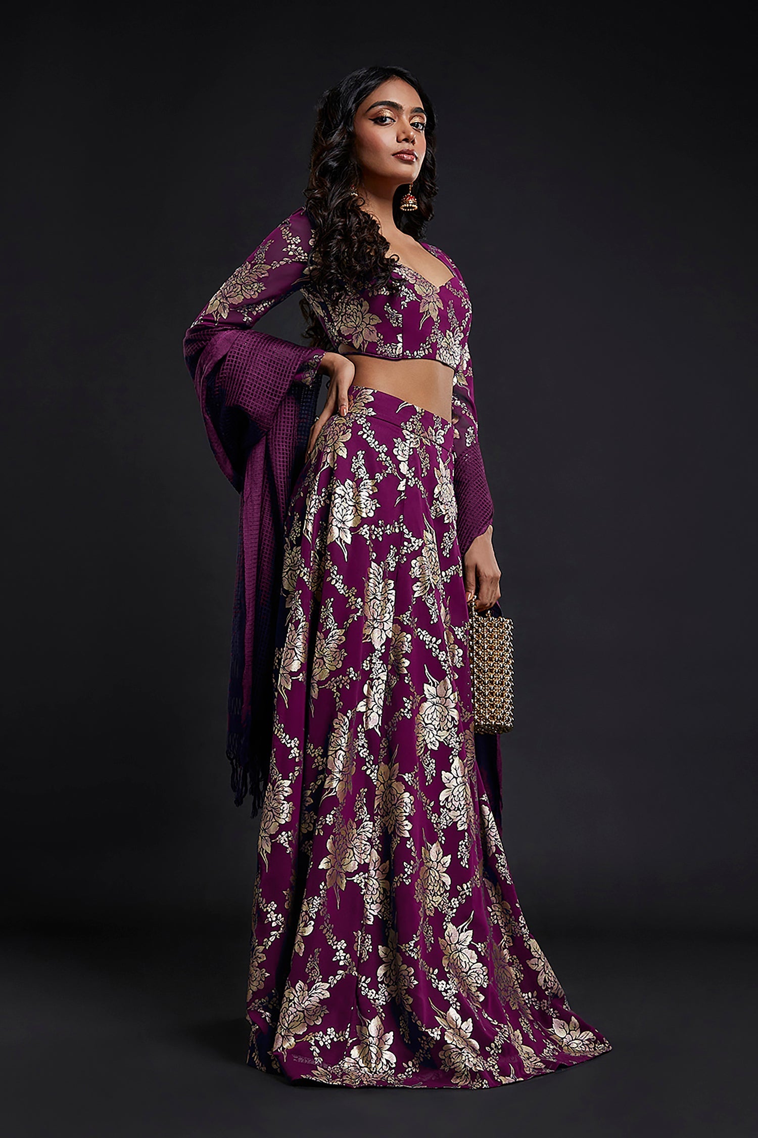 Maroon Recycled Polyester Foil Printed Lehenga Set