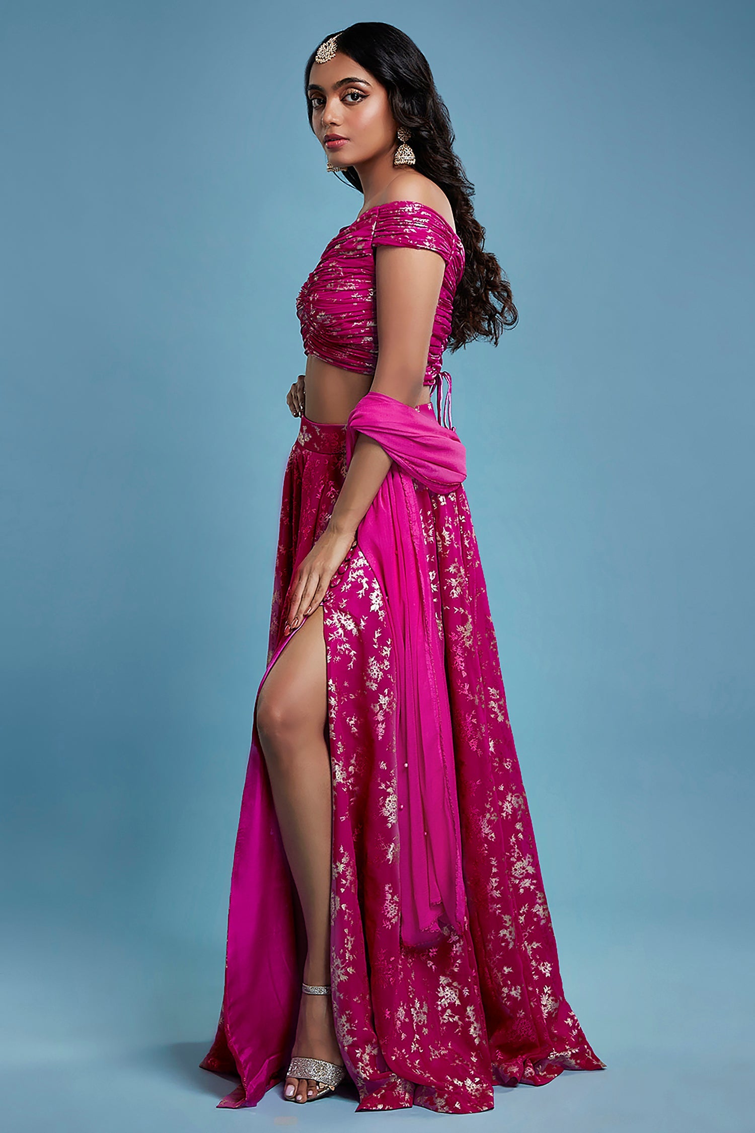 Hot Pink Recycled Polyester Foil Printed Lehenga Set