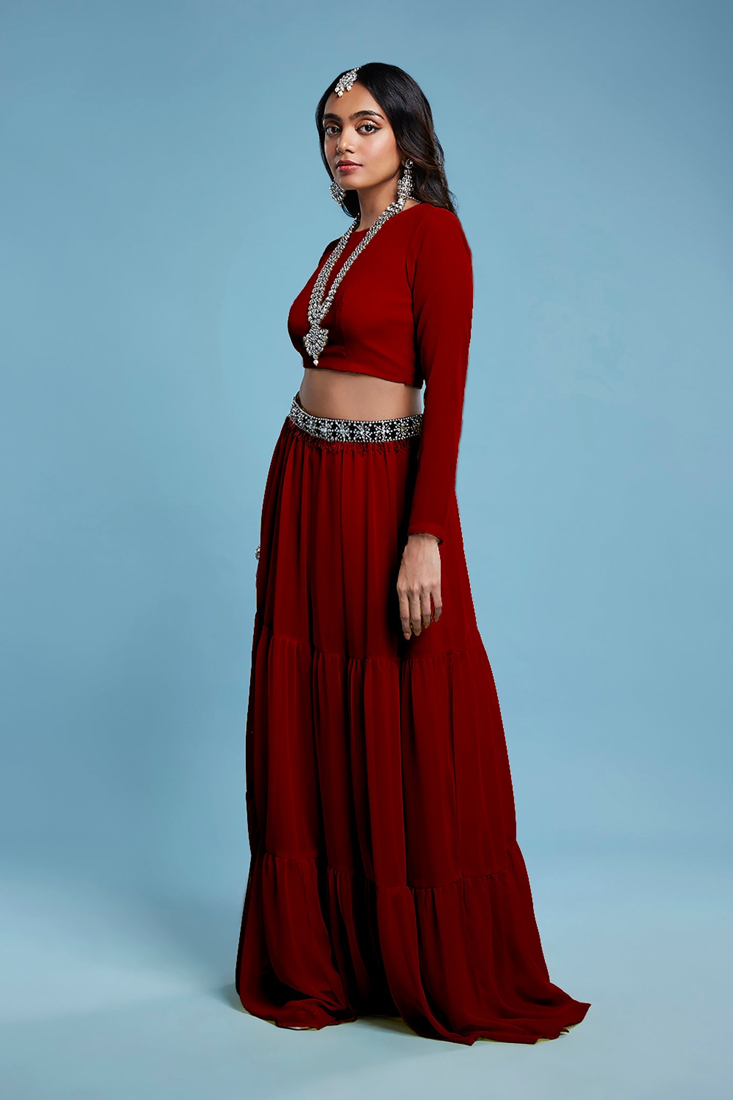 Maroon Recycled Polyester &amp; Georgette Tiered Lehenga Set