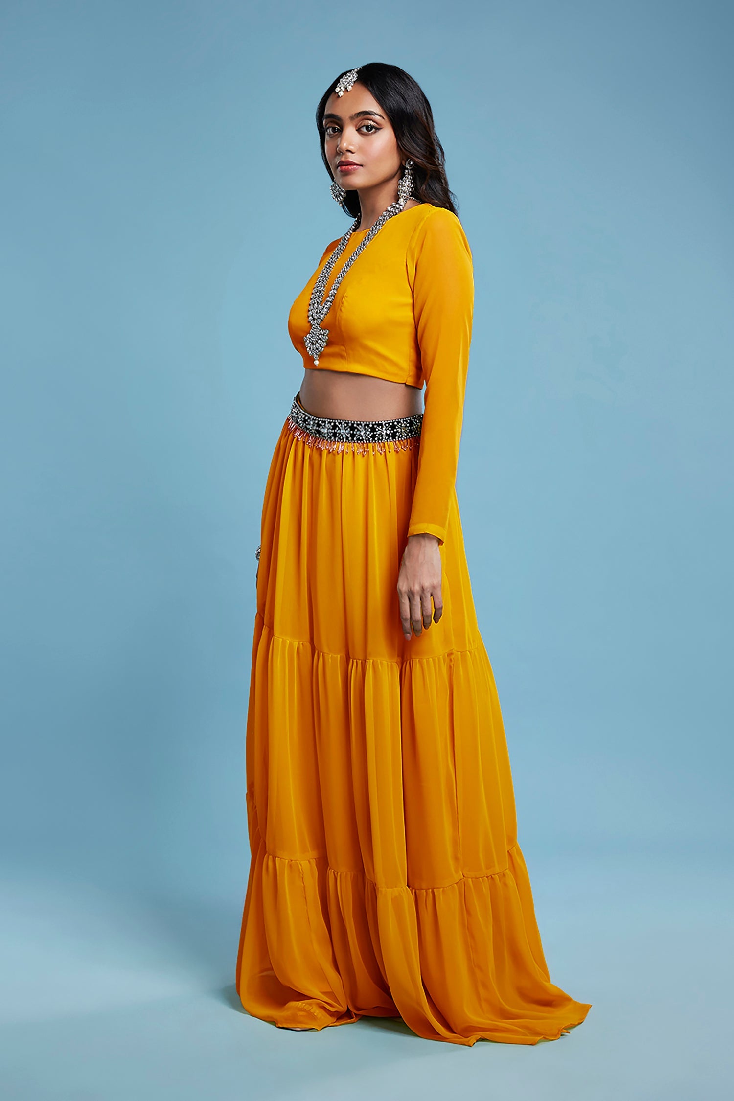 Mustard Recycled Polyester &amp; Georgette Tiered Lehenga Set