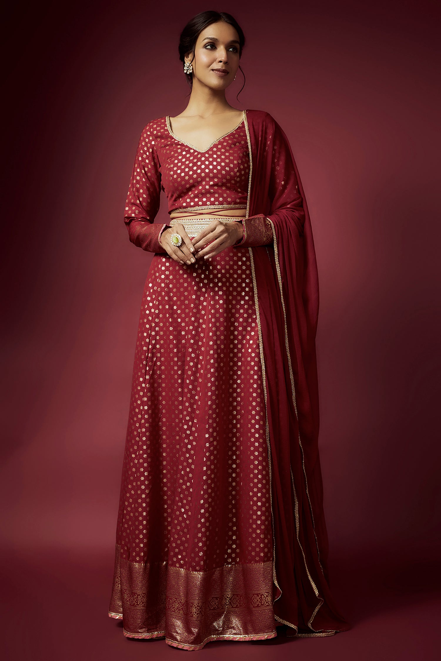 Maroon Recycled Polyester Foil Printed Lehenga Set