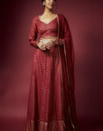 Maroon Recycled Polyester Foil Printed Lehenga Set