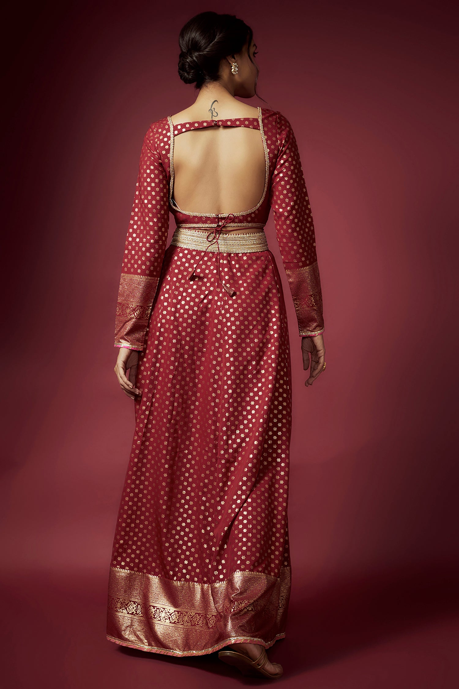 Maroon Recycled Polyester Foil Printed Lehenga Set