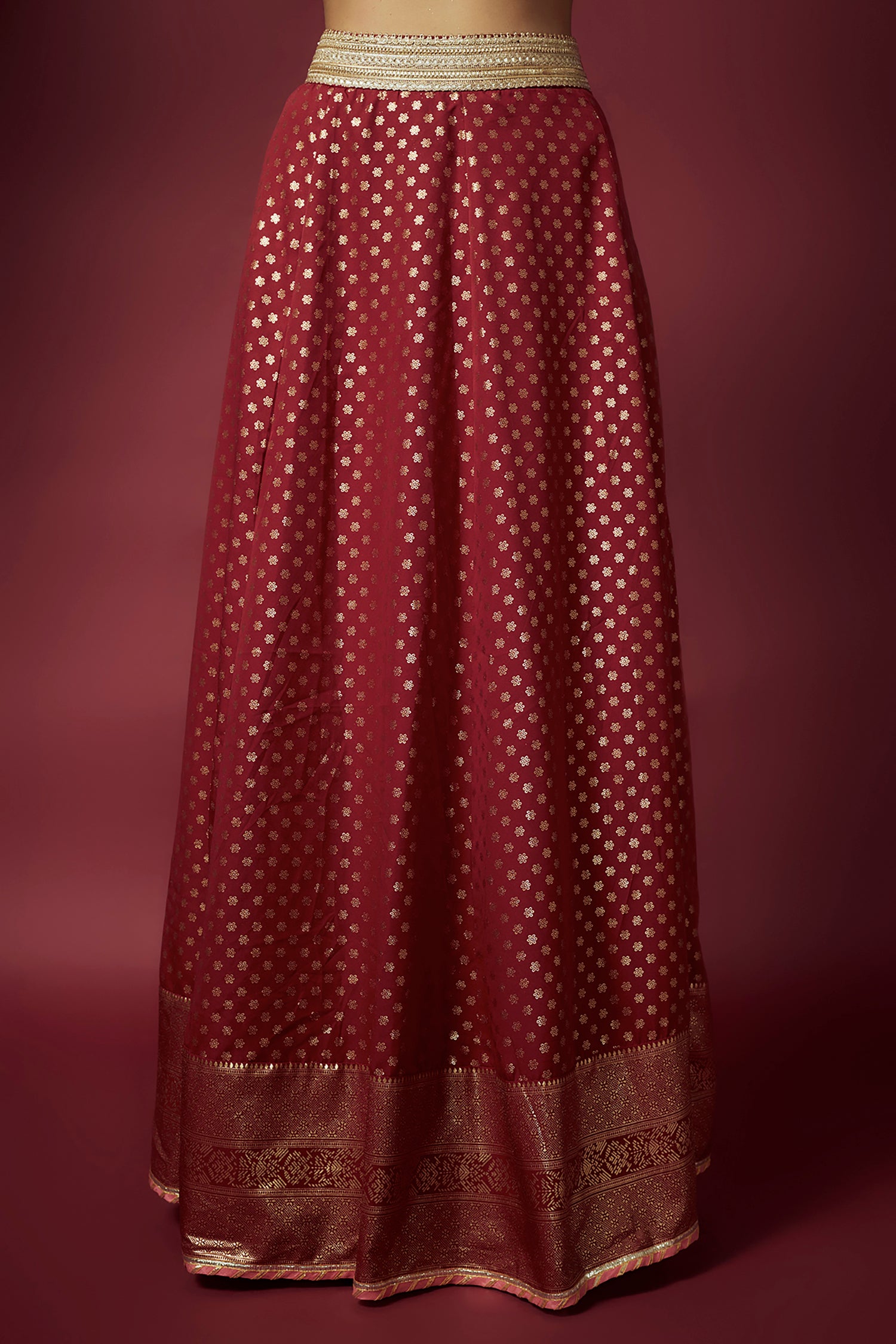 Maroon Recycled Polyester Foil Printed Lehenga Set