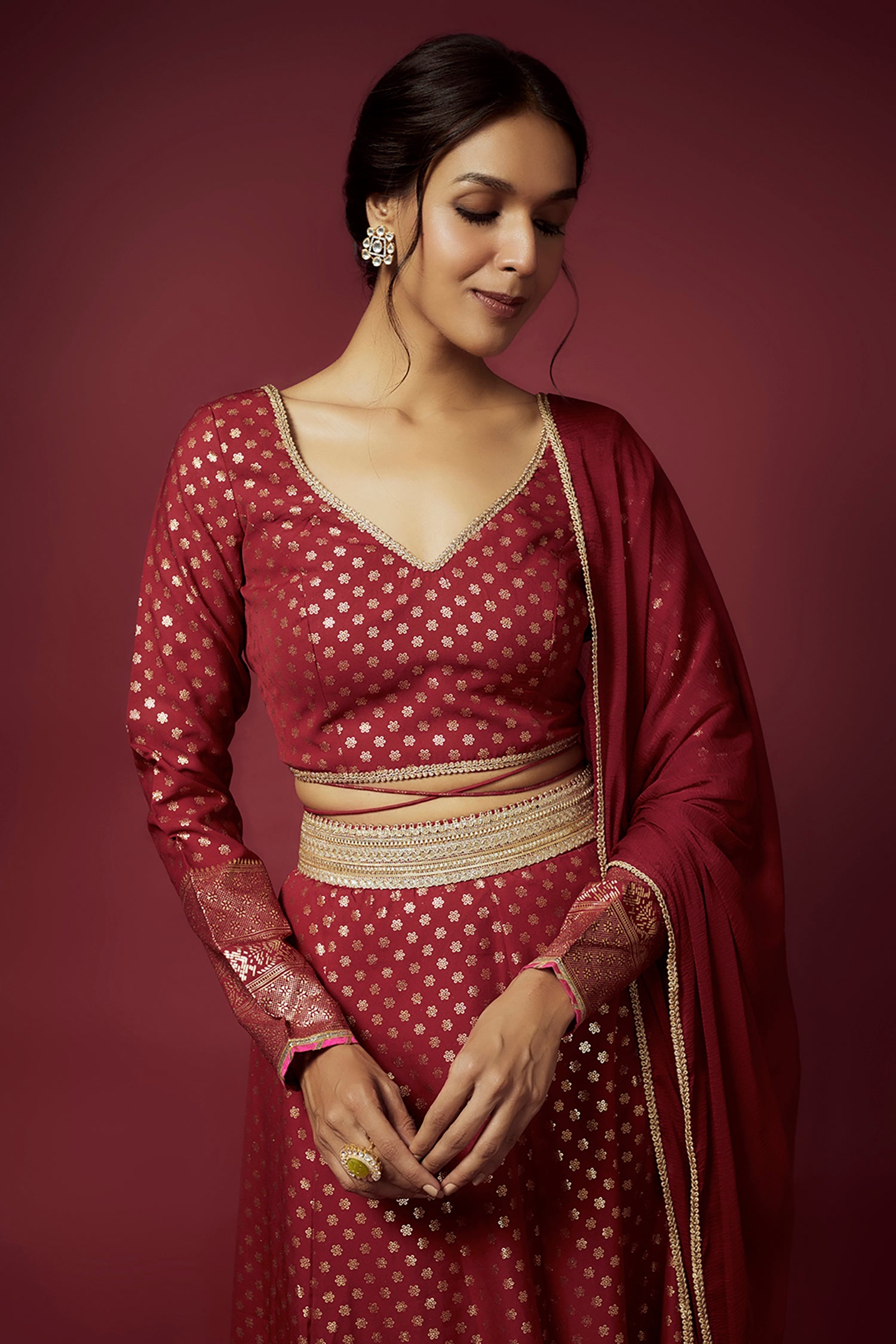 Maroon Recycled Polyester Foil Printed Lehenga Set