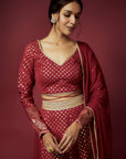 Maroon Recycled Polyester Foil Printed Lehenga Set