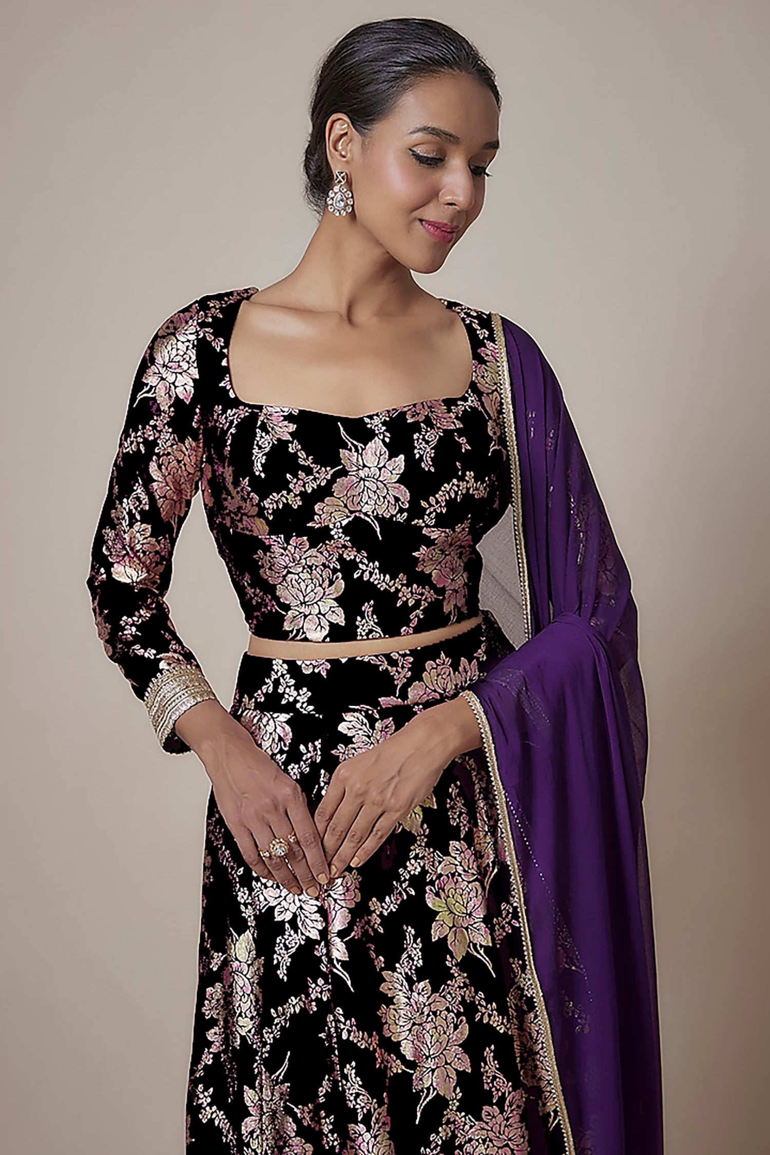 Purple Recycled Polyester Foil Printed Lehenga Set