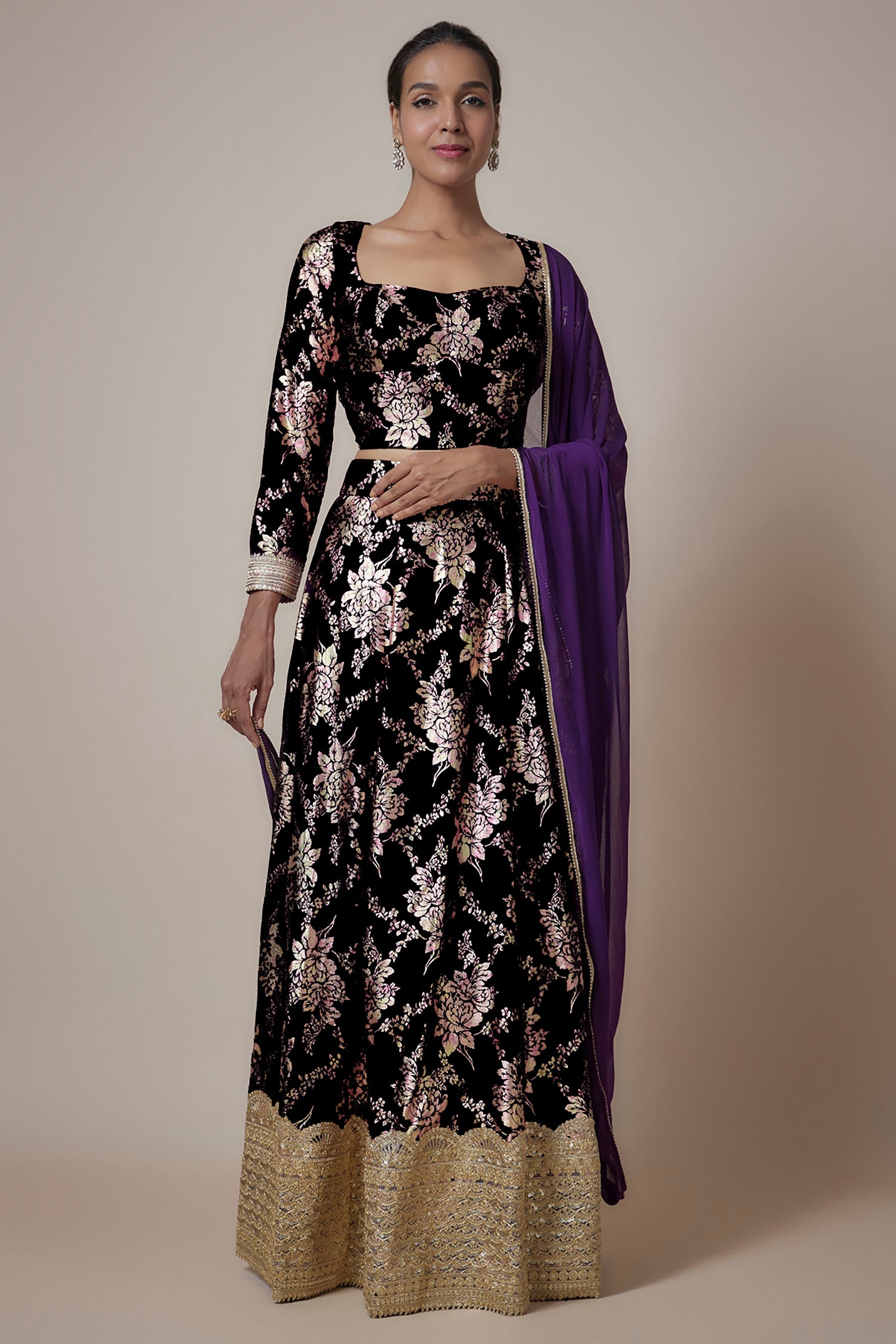 Purple Recycled Polyester Foil Printed Lehenga Set