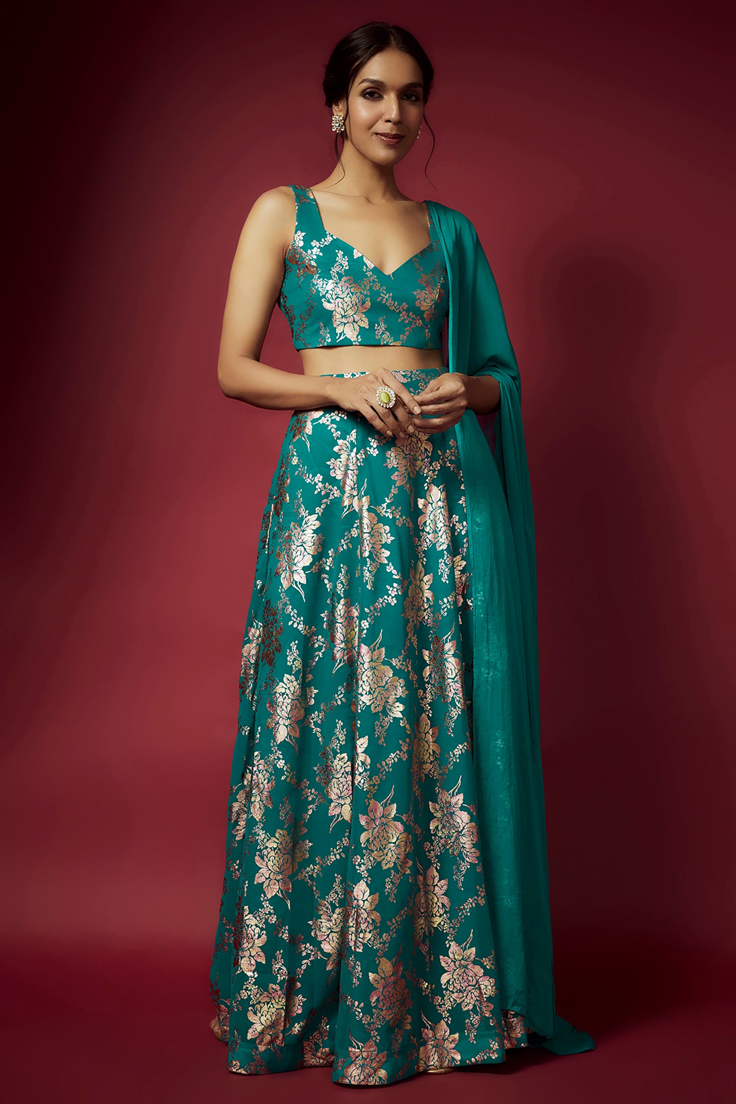 Teal Recycled Polyester Foil Printed Lehenga Set