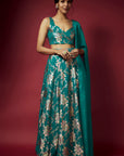 Teal Recycled Polyester Foil Printed Lehenga Set