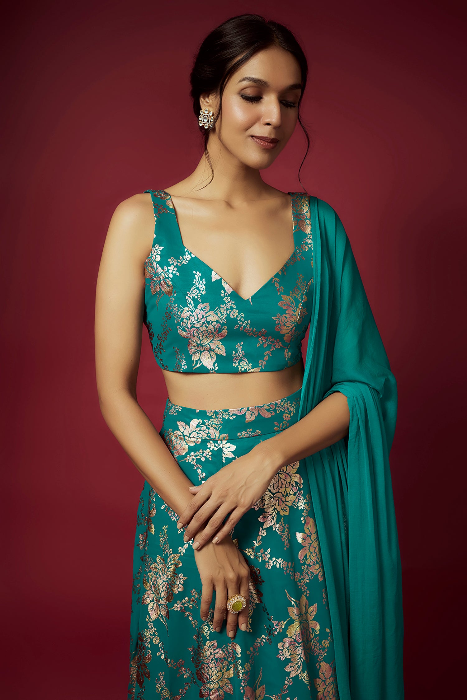 Teal Recycled Polyester Foil Printed Lehenga Set