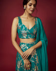 Teal Recycled Polyester Foil Printed Lehenga Set