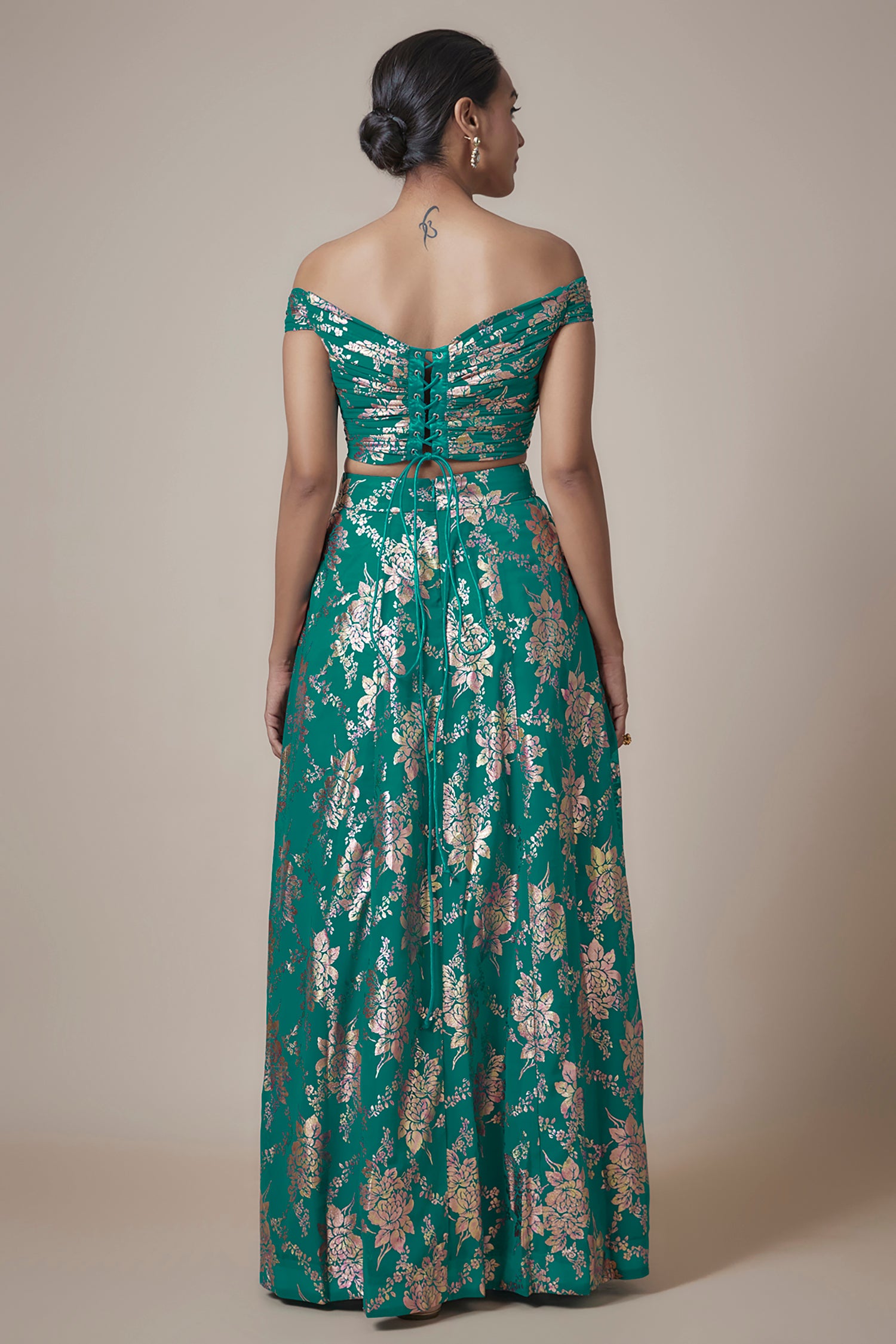 Teal Recycled Polyester Foil Printed Lehenga Set