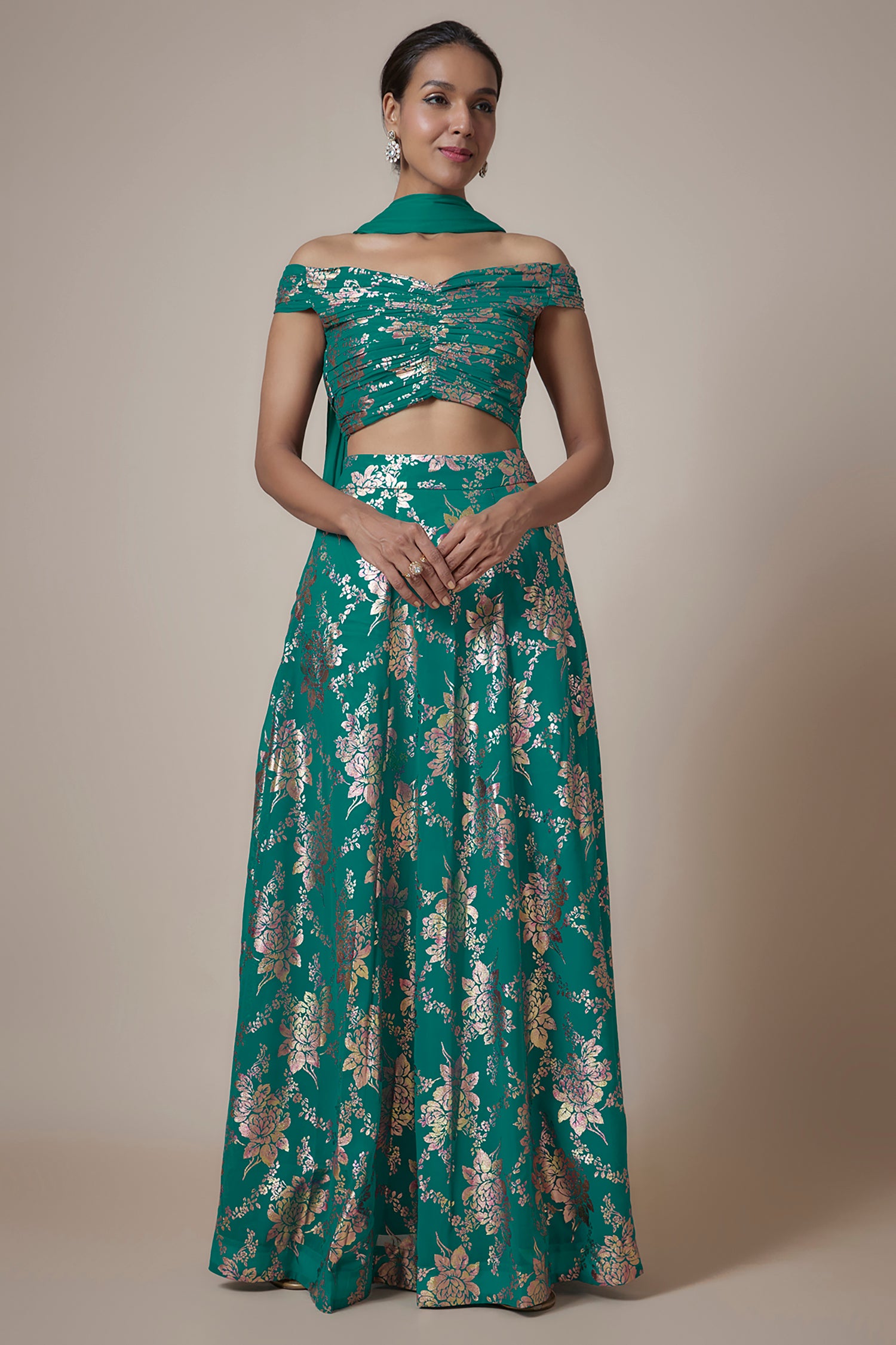 Teal Recycled Polyester Foil Printed Lehenga Set