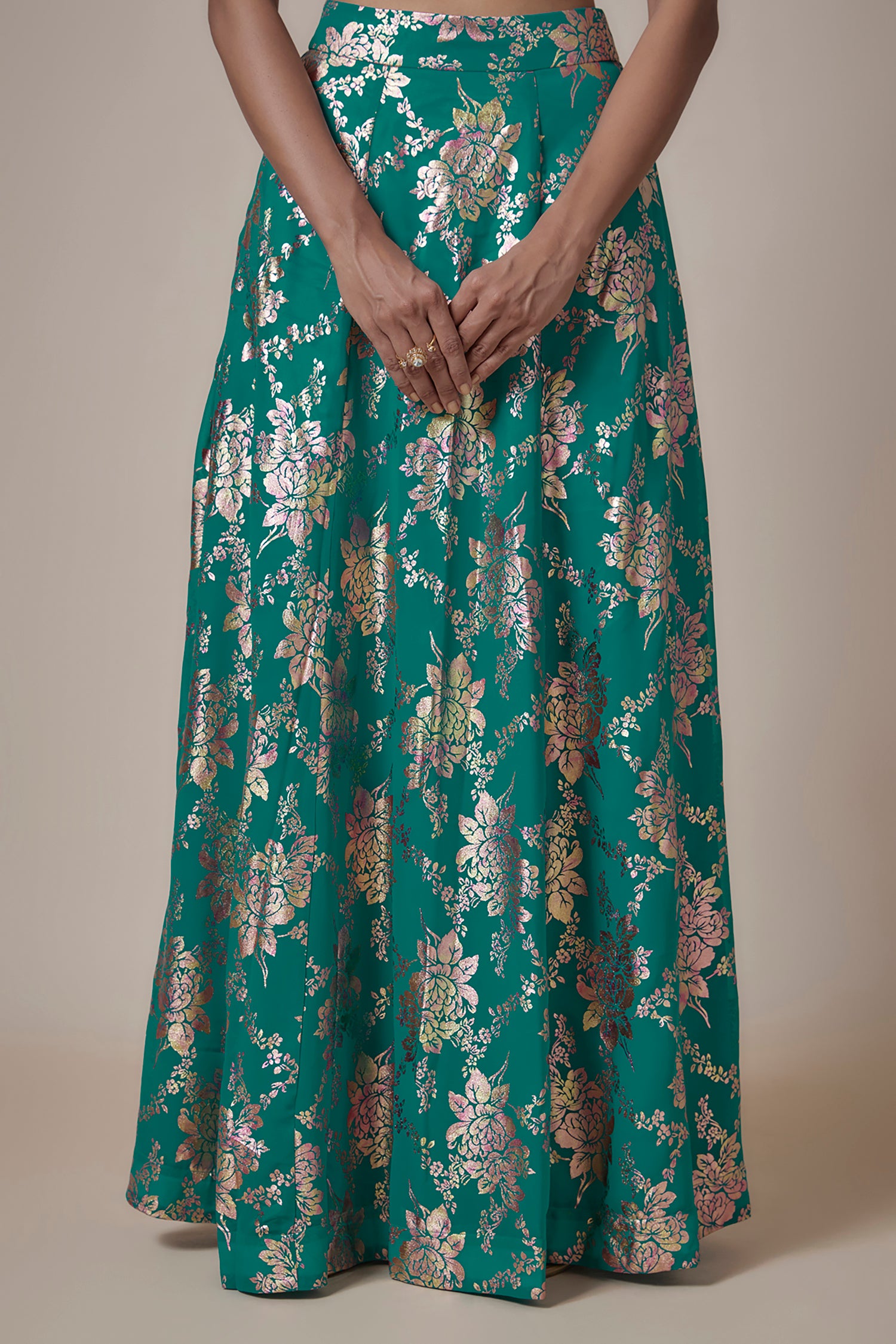 Teal Recycled Polyester Foil Printed Lehenga Set