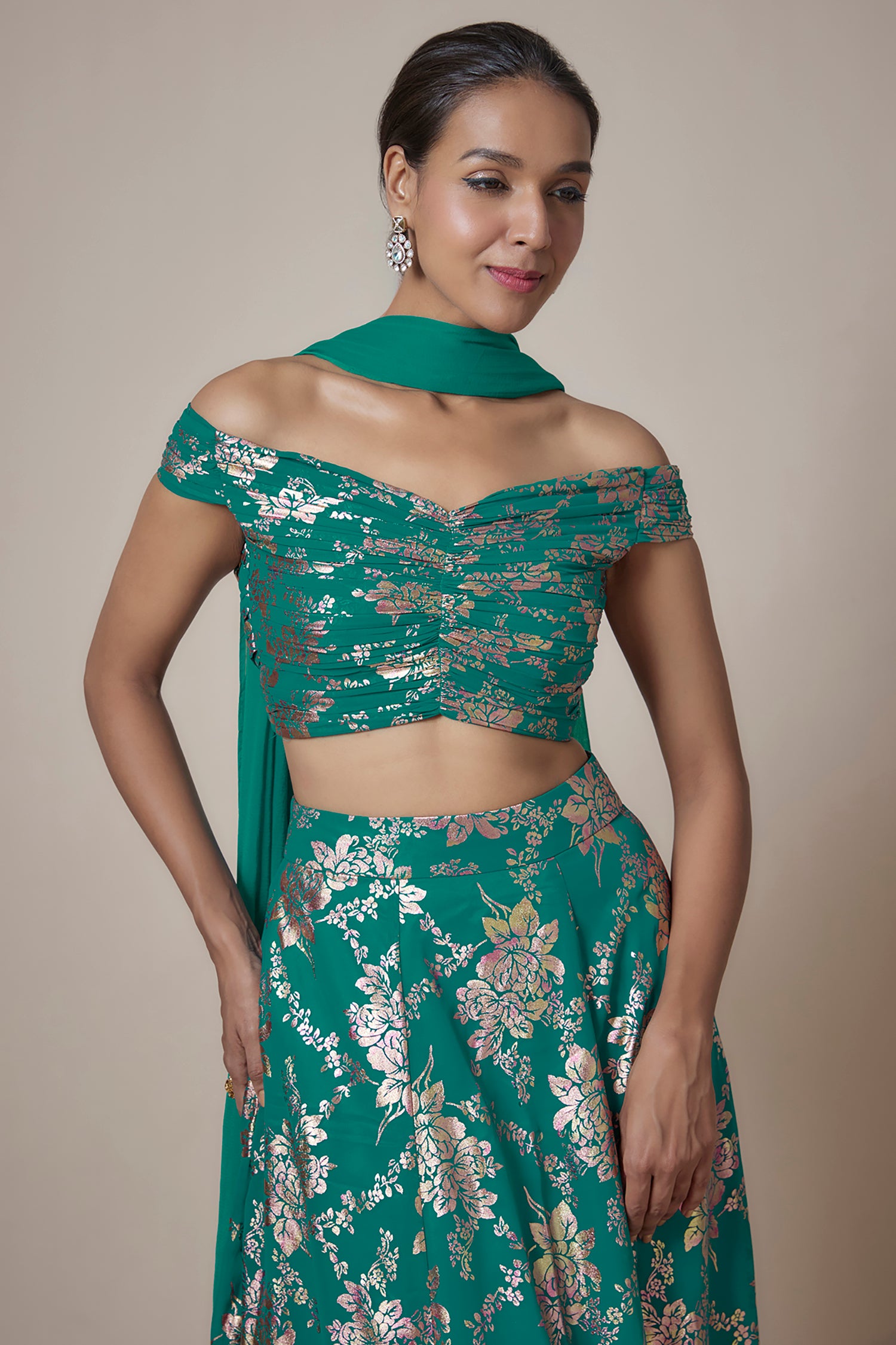 Teal Recycled Polyester Foil Printed Lehenga Set
