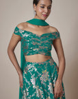 Teal Recycled Polyester Foil Printed Lehenga Set