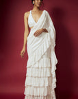 White Recycled Polyester Sequins Ruffled Pre-Draped Saree Set