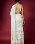 White Recycled Polyester Sequins Ruffled Pre-Draped Saree Set
