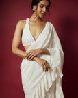 White Recycled Polyester Sequins Ruffled Pre-Draped Saree Set