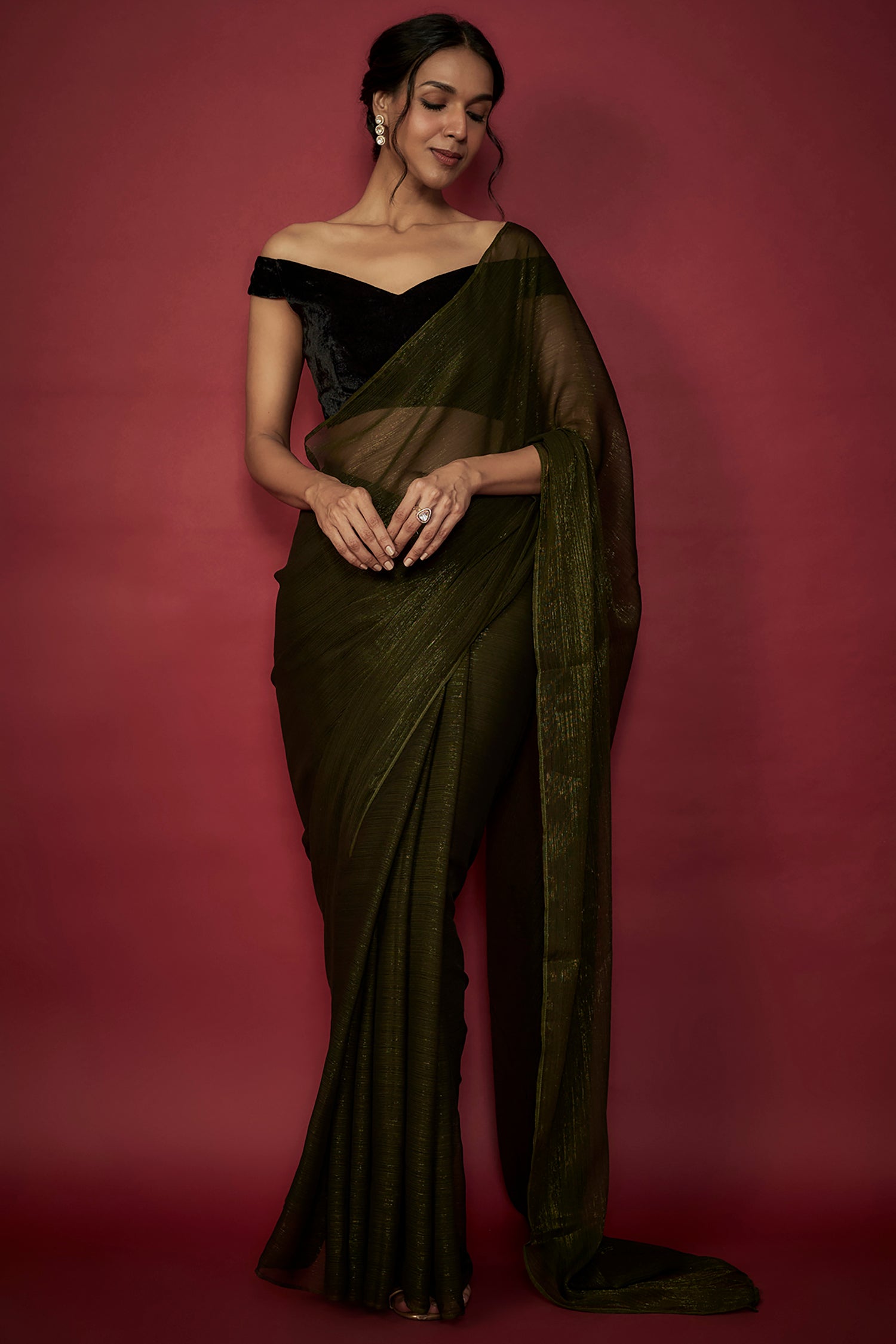 Olive Green Chiffon Zari Embroidered Saree Set