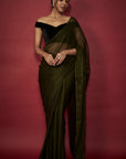 Olive Green Chiffon Zari Embroidered Saree Set