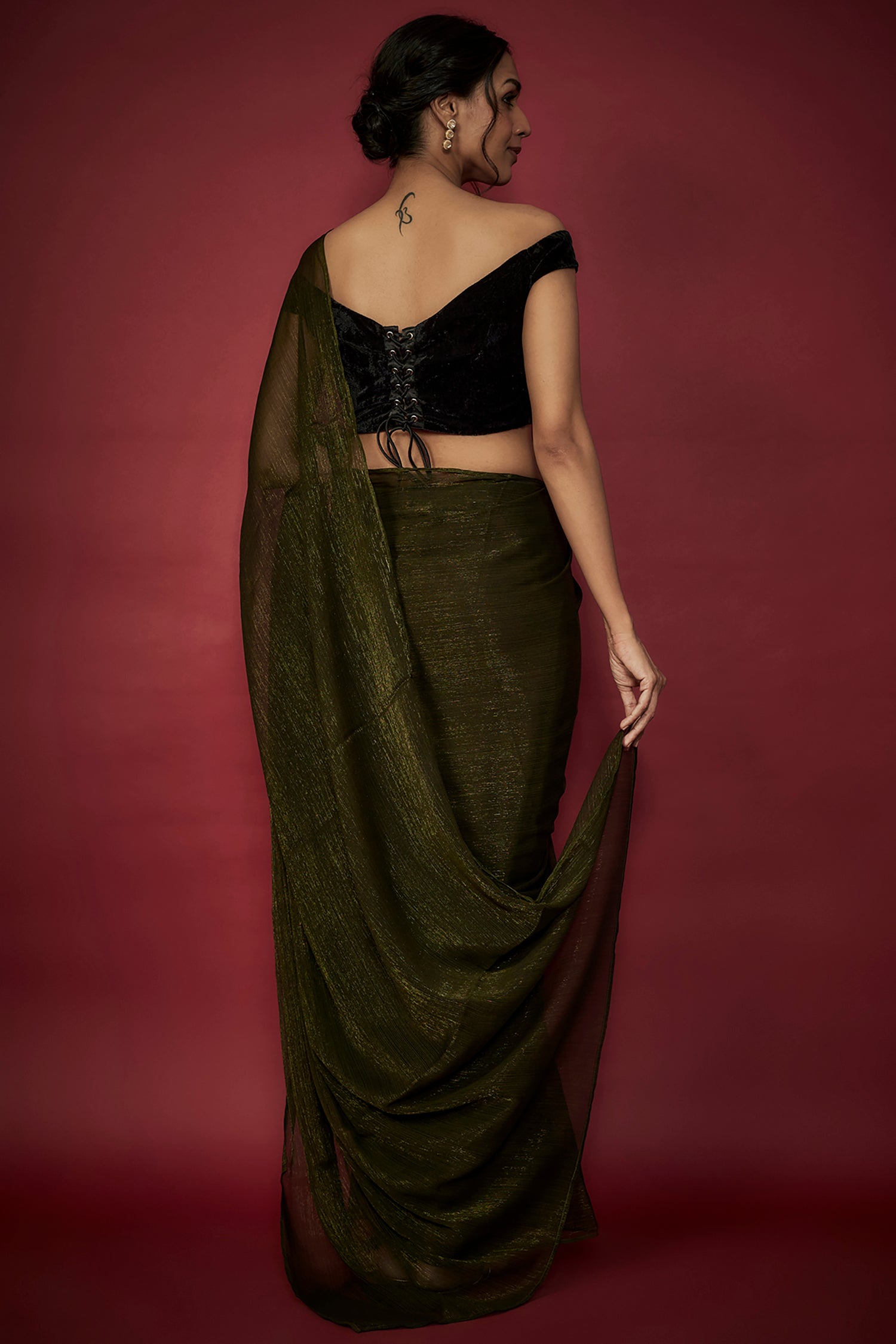 Olive Green Chiffon Zari Embroidered Saree Set