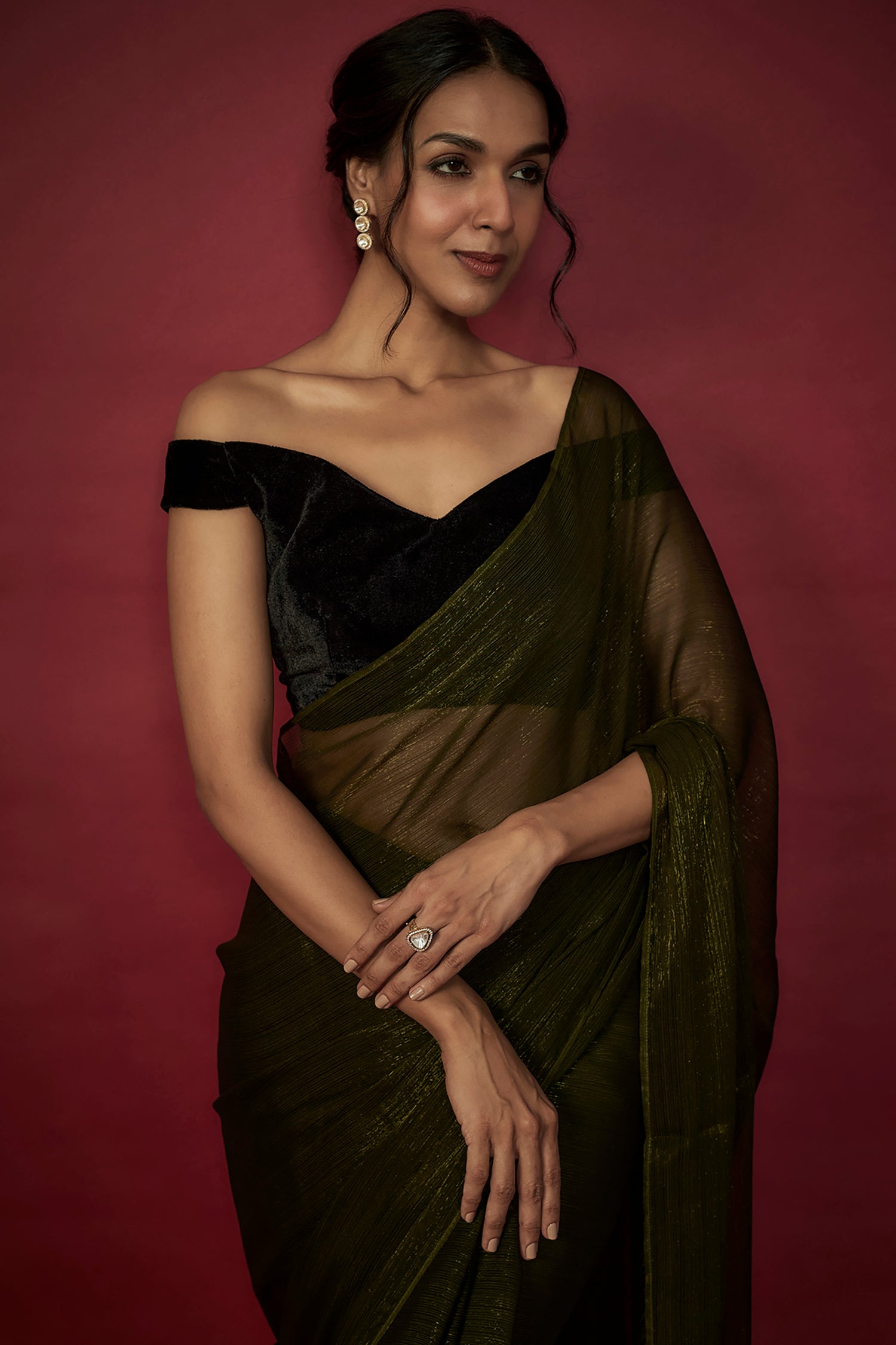 Olive Green Chiffon Zari Embroidered Saree Set