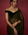 Olive Green Chiffon Zari Embroidered Saree Set
