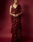 Maroon Recycled Polyester Pre-Draped Sequins Saree Set