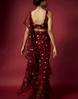 Maroon Recycled Polyester Pre-Draped Sequins Saree Set