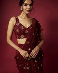 Maroon Recycled Polyester Pre-Draped Sequins Saree Set