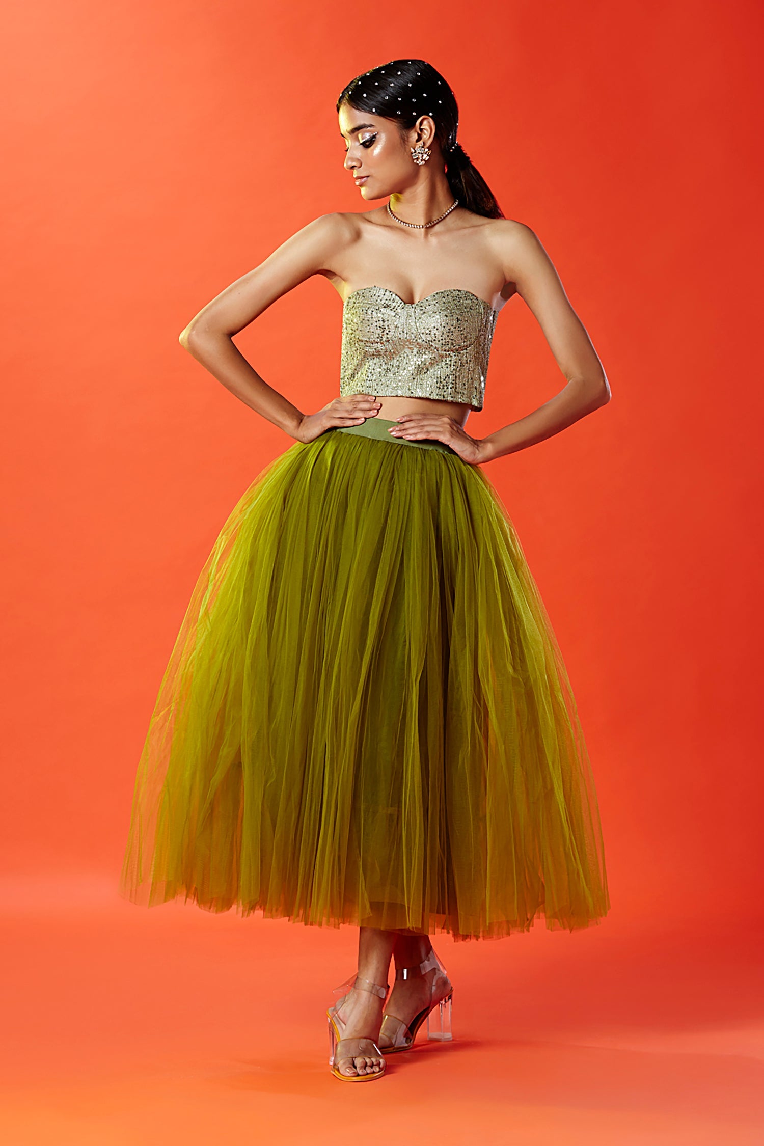 Olive Polyester Mesh Embellished Corset Top