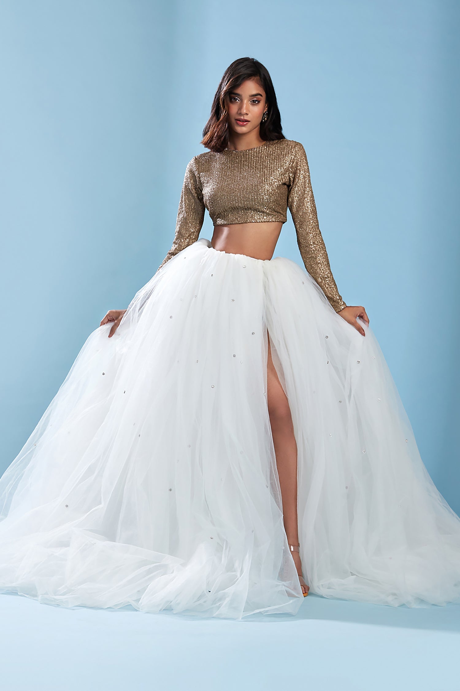 Dull Gold Polyester Mesh Embellished Crop Top