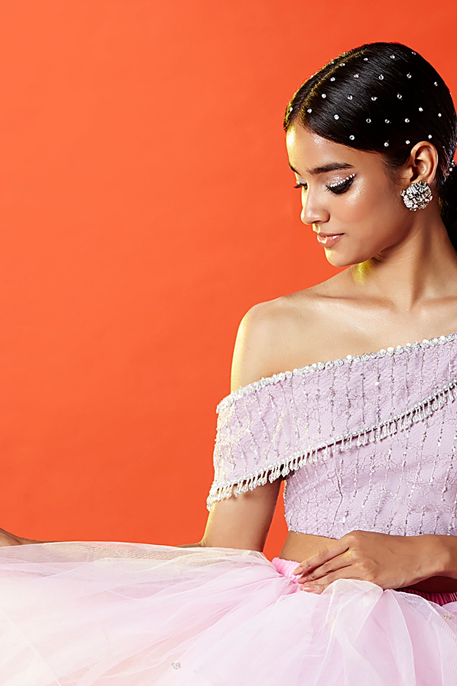 Lilac Polyester Mesh Embellished One-Shoulder Crop Top